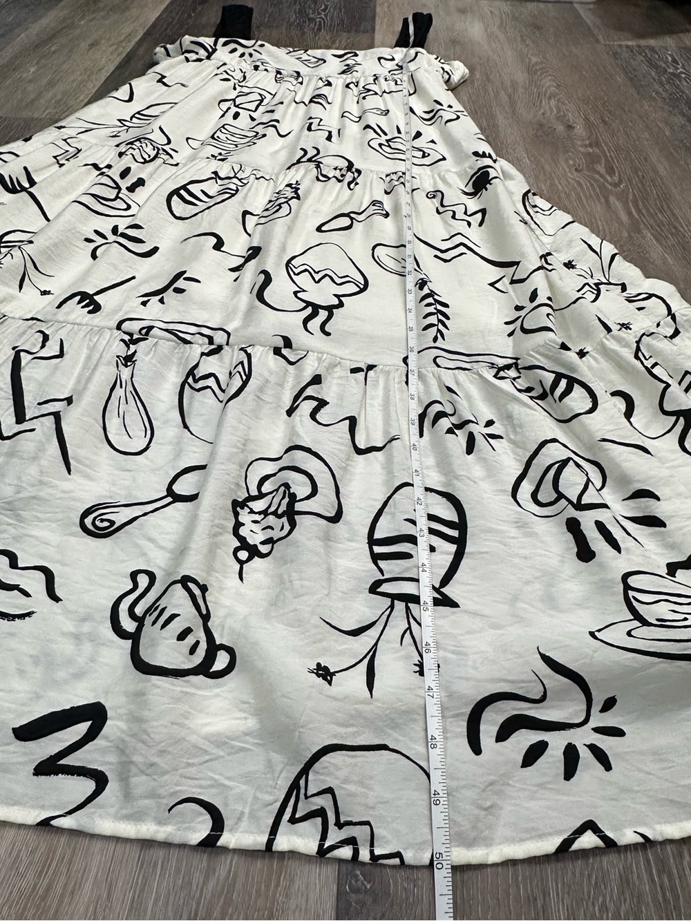 Maxi Dress By The River Doodle Print Tiered M Black White Bow Strap - Picture 15 of 16